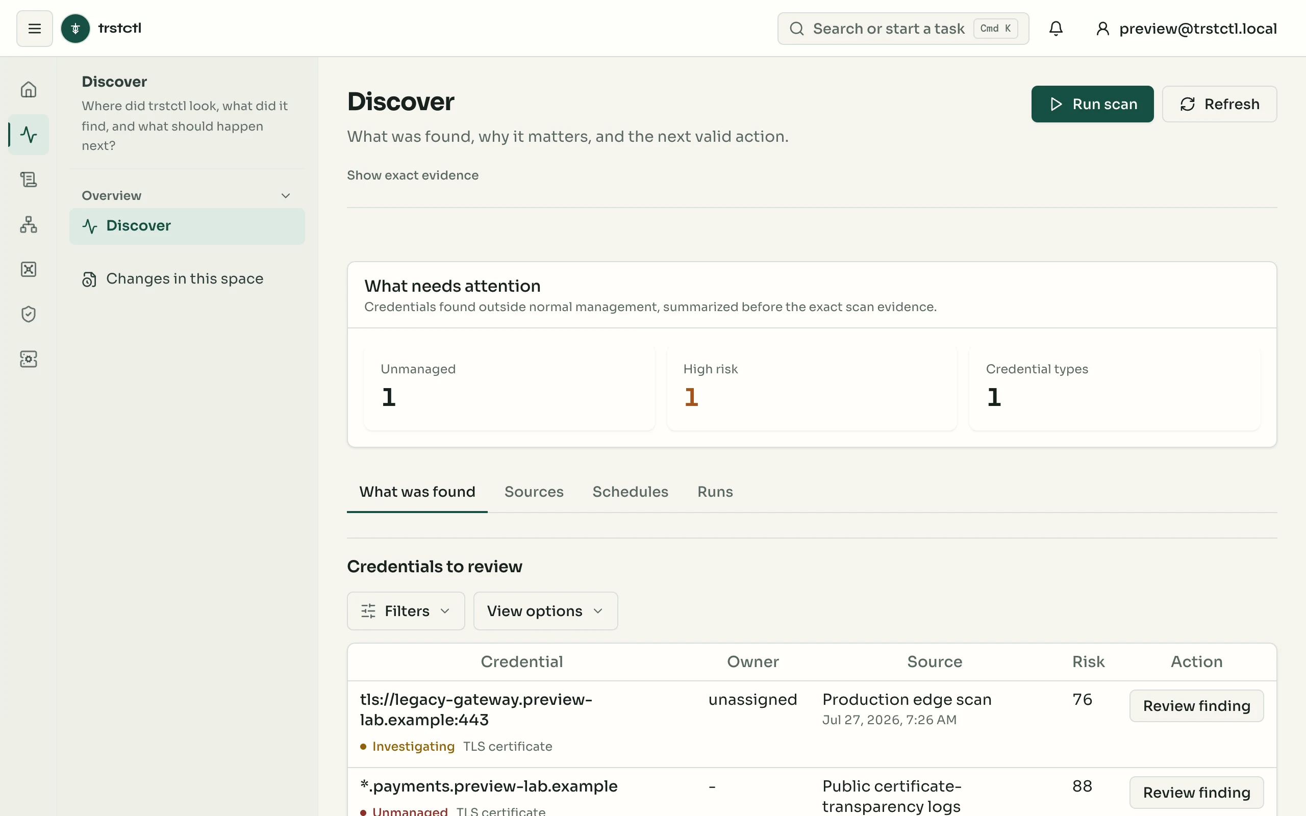 The Discover page of the trstctl console.