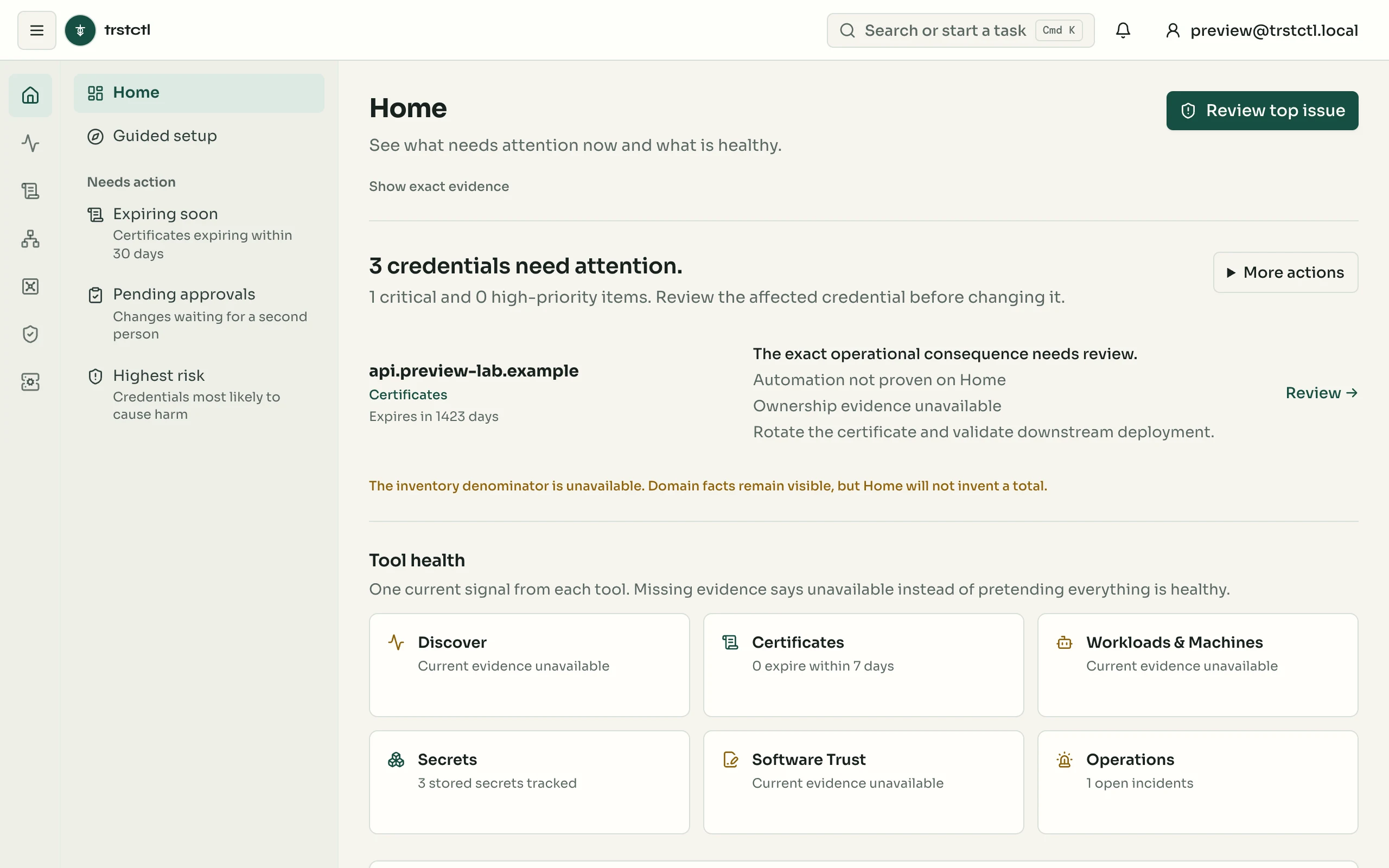 The trstctl console Home page: three credentials need attention, with the exact operational consequence spelled out, and a tool-health row for Discover, Certificates, Workloads and Machines, Secrets, Software Trust and Operations.