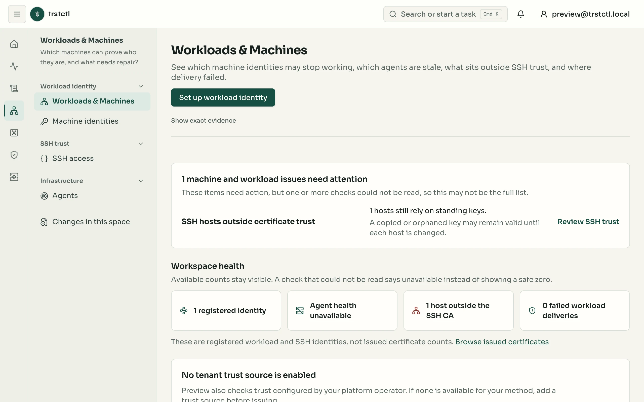 The Workloads and Machines page of the trstctl console.